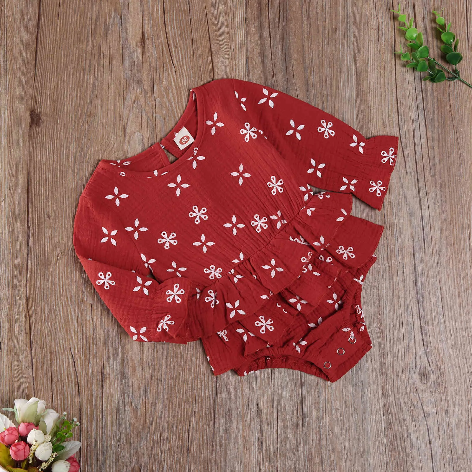 0-24m vår höst född spädbarn baby flicka blomma romer ruffles jumpsuit röda långärmade kläder kostymer 210515