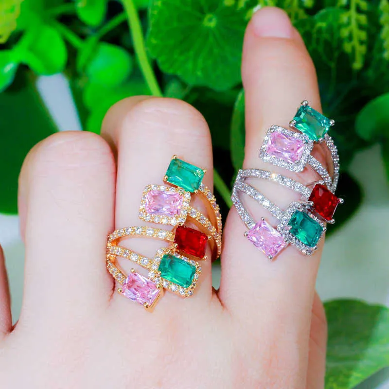 Adjustable Multicolor Blue Red CZ Crystal Gold Color Chic Engagement Finger Rings for Women Boho Party Jewelry R183 210714