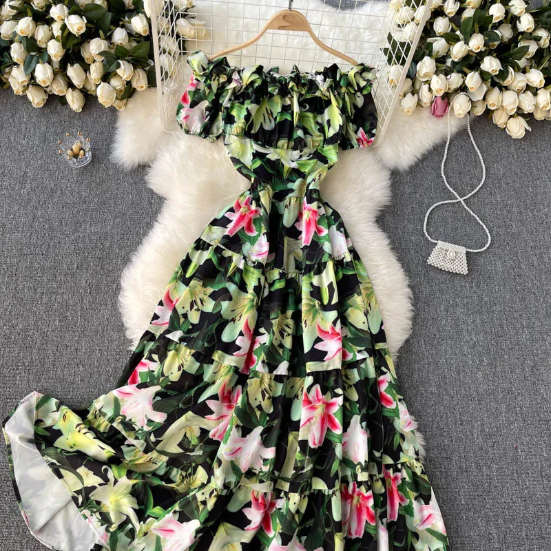 Style d'été manches bouffantes vacances doux robes femme champignon côté cou sans bretelles imprimé robe midi GL065 210506