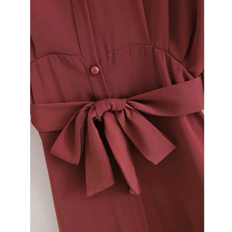 ZA Wijn rode jurk voor vrouwen vintage turn-down kraag lange mouw shirt stijl jurken met riem chic 210604