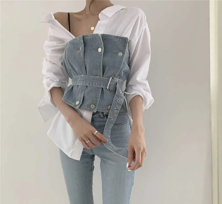 Casual retro revers wit gestreepte shirts lange mouw blouse sexy strapless denim camisole tops met riem fashion sets All-match 210610