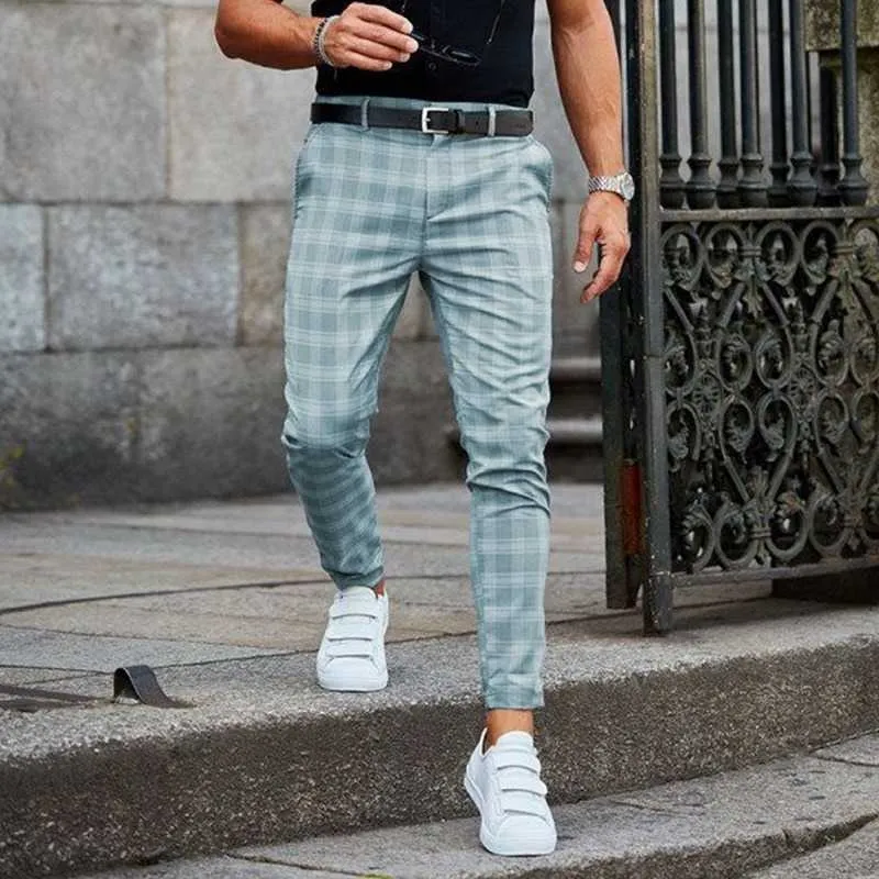 Pantalon pour hommes pantalons décontractés skinny stretch chinos slim ajustement pantalon chèque à carreaux mâle 210715
