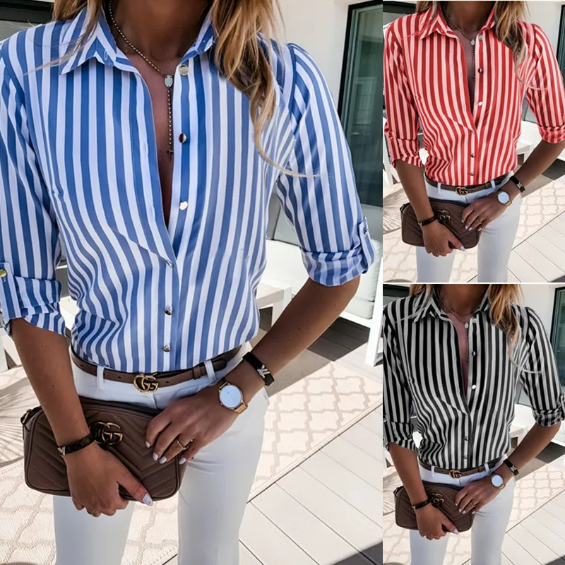 Kadınlar Çizgili Baskı İnce Bluz Sonbahar Uzun Kollu Yaka Ofis Gömlekleri Bozlar Artı Boyut Üst Blusas Feminas 210401