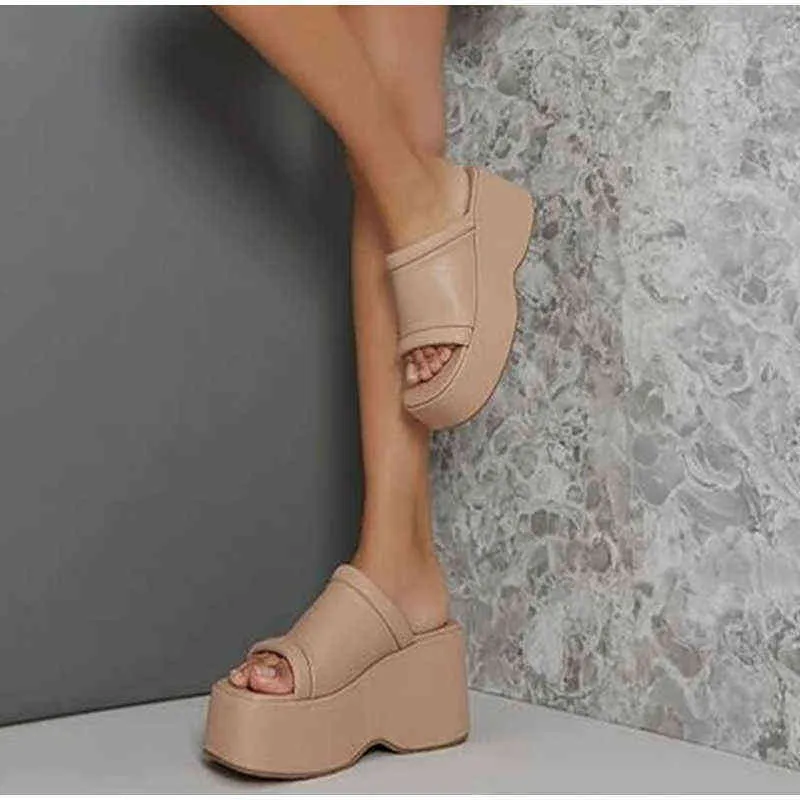 Zapatillas de verano de fondo grueso para mujer, zapatos de piel sintética con punta cuadrada para exteriores, calzado informal antideslizante ligero sólido para mujer 220304