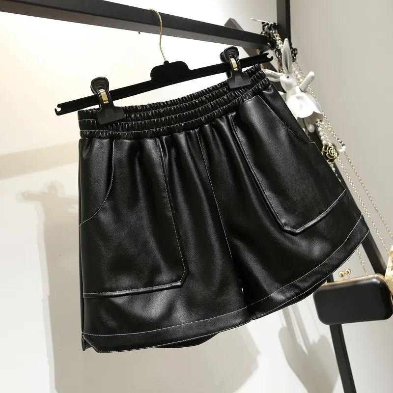 Pu Leahter Shorts Mulheres Preto Cintura alta Faux Ladies Ladies Causal Plus Size Feminino curto 210525