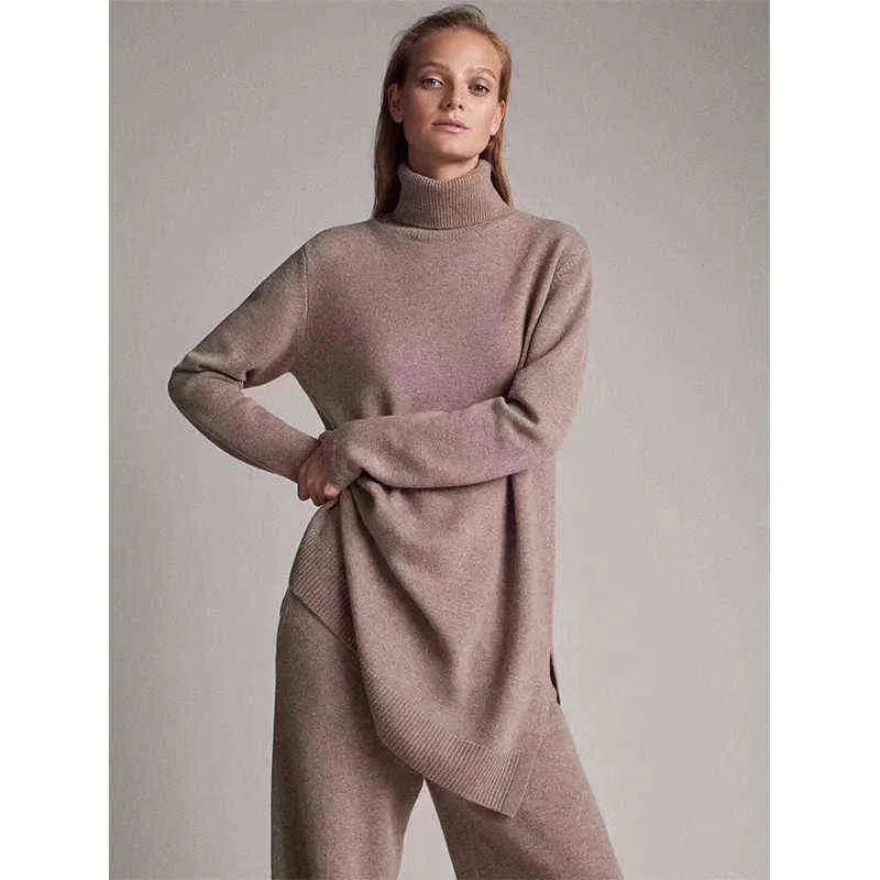 Abiti di lusso in due pezzi 45% cashmere + 30% lana Dolcevita femminile Top in maglia di visone caldo Set di pantaloni a gamba larga F688 211106