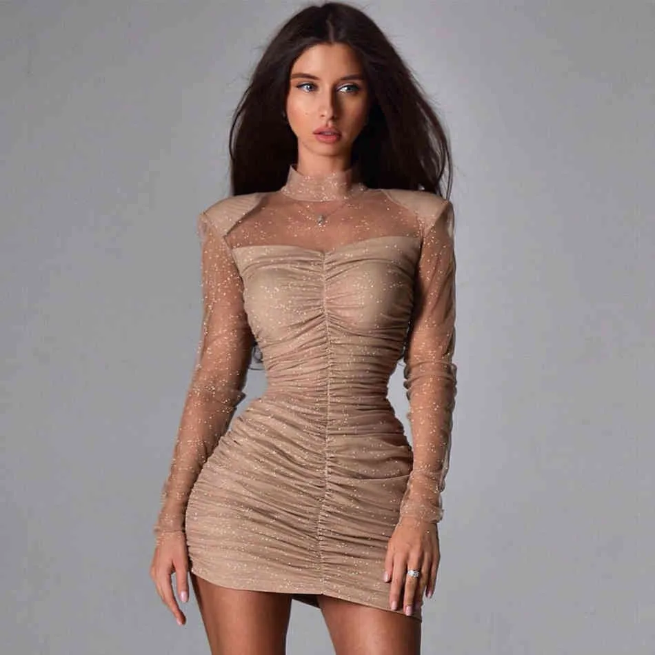 Winter Long Sleeve Mesh Bandage Dress Women Sexy Apricot Color Draped Mini Bodycon Celebrity Evening Party 210423