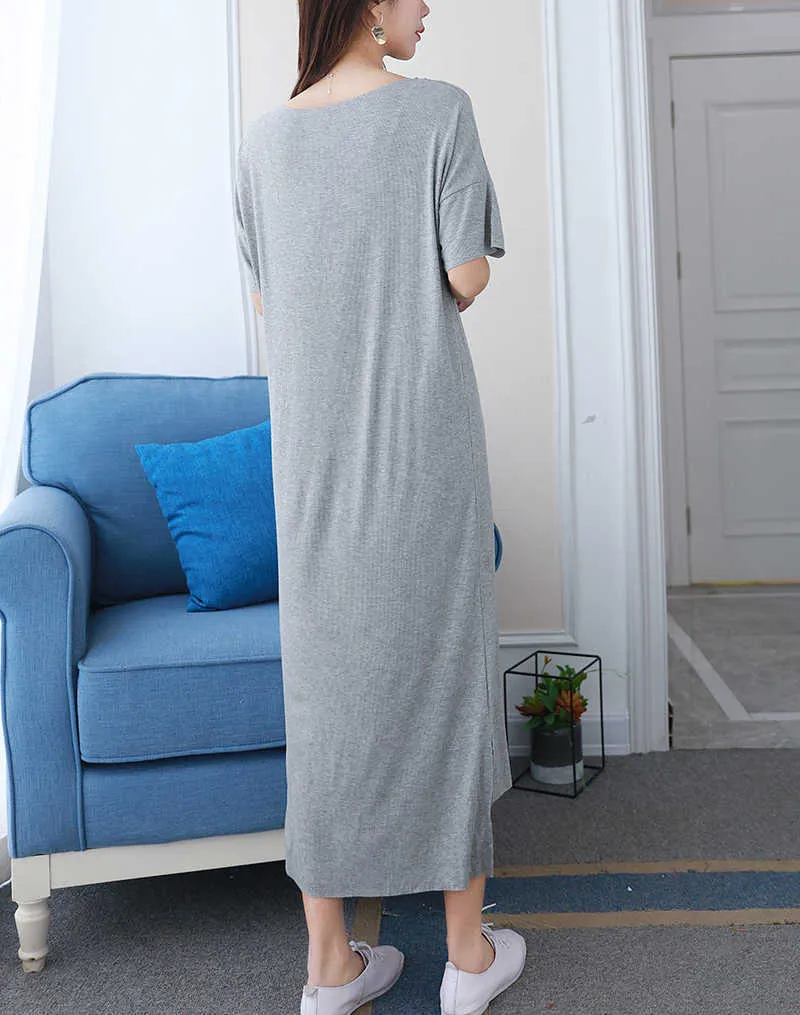 Kadınlar Gevşek Ince Kısa Kollu T-Shirt Elbise Yaz Artı Boyutu Model Konu Gecelik Pijama W9218 210526