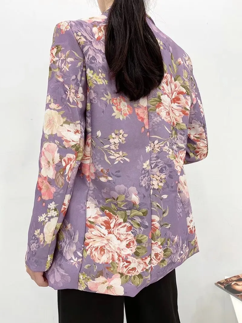Höst Chic Shawl Collar Purple Daisy Flower Print Blazer Vintage BF Style Mid Lång Kvinnor Suit Coat Loose Femme 210429