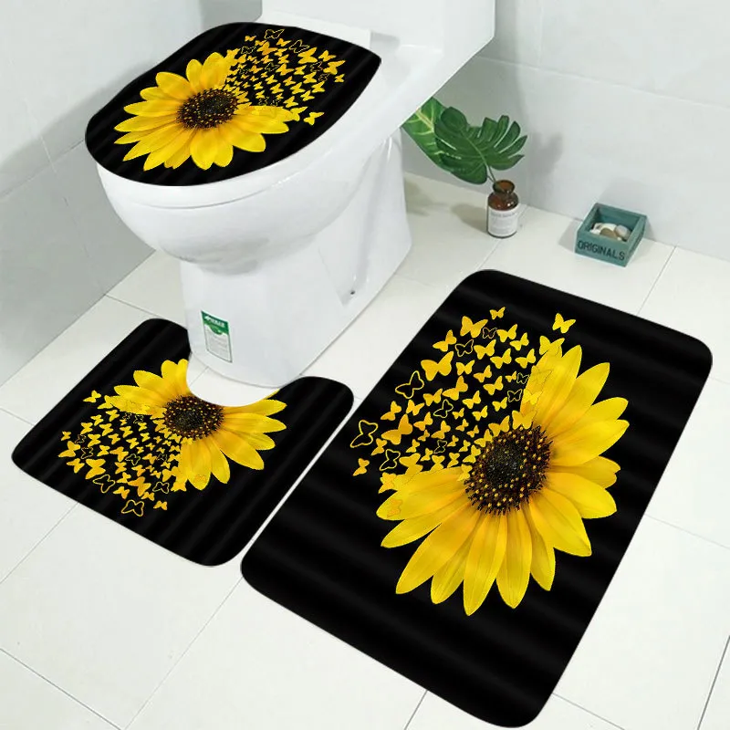 Ensemble de rideau de douche à motif de tournesol Couverture de toilette Tapis Tapis Tapis de bain de cuisine anti-dérapant Planche de bois Ensemble de salle de bain Décoration 210402