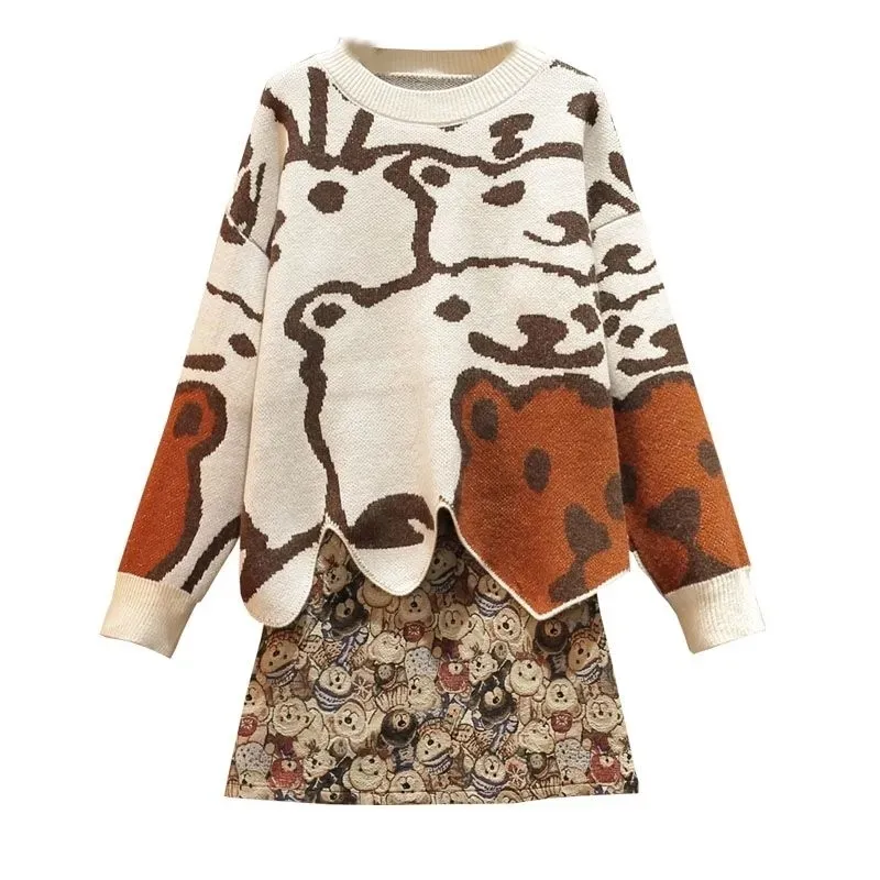 Half-length skirt suit female loose autumn Korean version of the bear print knitted sweater mini two-piece set 220302