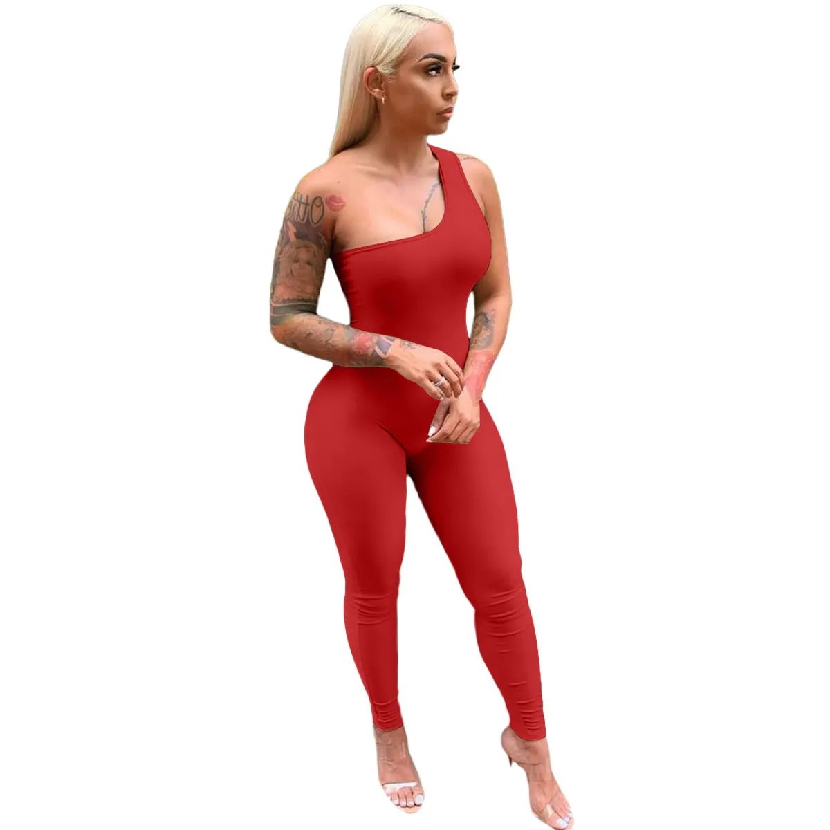 Sommar kvinnor designer jumpsuits sexig en axel ärmlös hip lyft sport rompers elegant skinny bodysuit clubbwear 8510