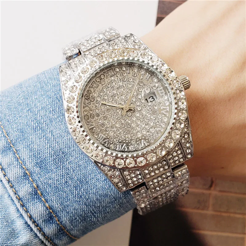럭셔리 남성 시계 로즈 골드 패션 다이아몬드 시계 스테인레스 스틸 수컷 시계 캘린더 reloj de lujo254w