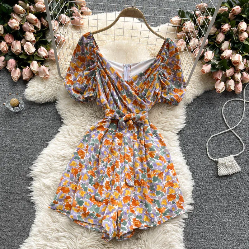 Singreiny Women Boho Floral Rompers Retro Puff Sleeve V Neck Sashes Casual Jumpsuit Sommar Vacation Beach Wide Ben Short Rompers 210419