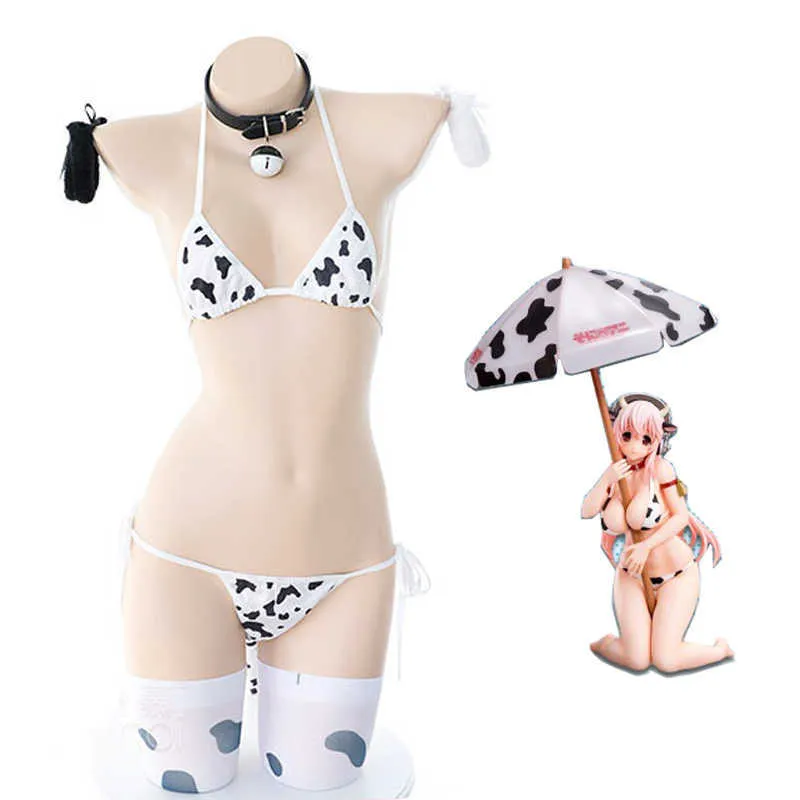 Anime giapponese Super Sonico Cow Costume Cosplay Lolita Girl Cute Bikini Suit Underwear Reggiseno sexy e slip Lingerie Set Calze Y0913