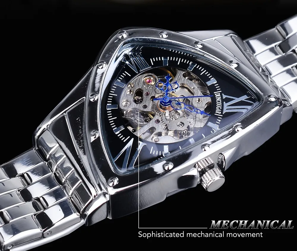 Duncougar Triangle Skeleton Dial Automatic Horloge Zwart Zilver Rvs Waterdichte Mechanische Horloge Top Merk Mannen Klok