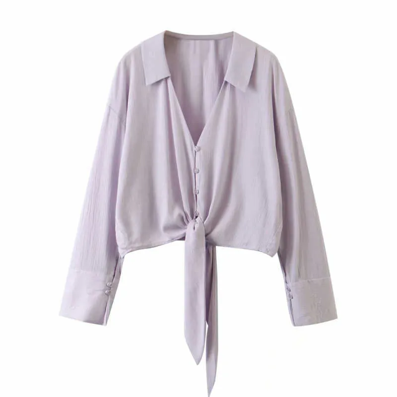Винтажные фиолетовые женщины короткие рубашки Летние повседневные женские блузки мода женские кнопки-летающие девушки 210527