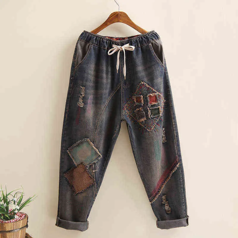 Art Style Patchwork Ricamo Jeans da donna vintage allentati Design con foro Elastico in vita Pantaloni da donna Harem in denim di cotone D101 211129
