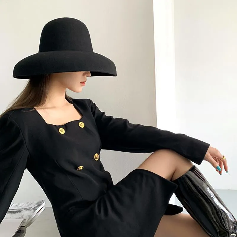 Geizige Brimhüte Vintage Hepburn Style Luxushut Fedora Winter warm 100% Woll Laufsteg Model Custom Leisure Lady Black Cap Women O184L
