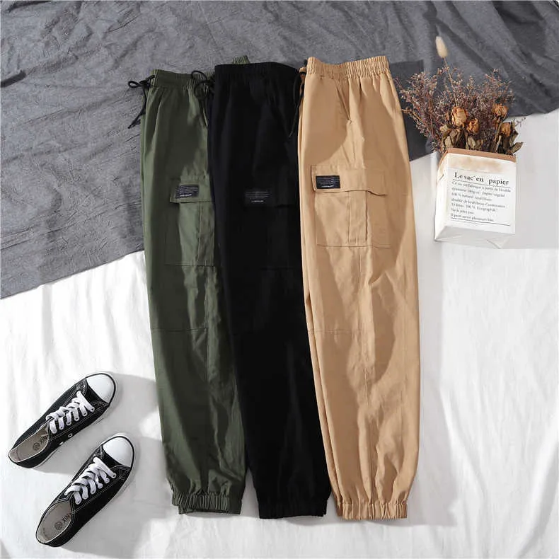 Outono calças de cintura alta soltas jogger harajuku streetwear harém camuflagem exército preto calças cargo 210531