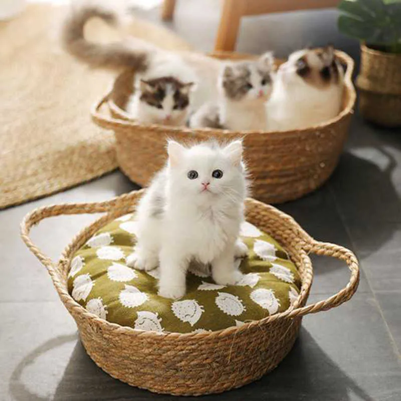 Кровать для домашних животных для кошек поставляет ручной тканые ротанга мягкая круглая корзина гнездо дышащий коврик спать круто 210722