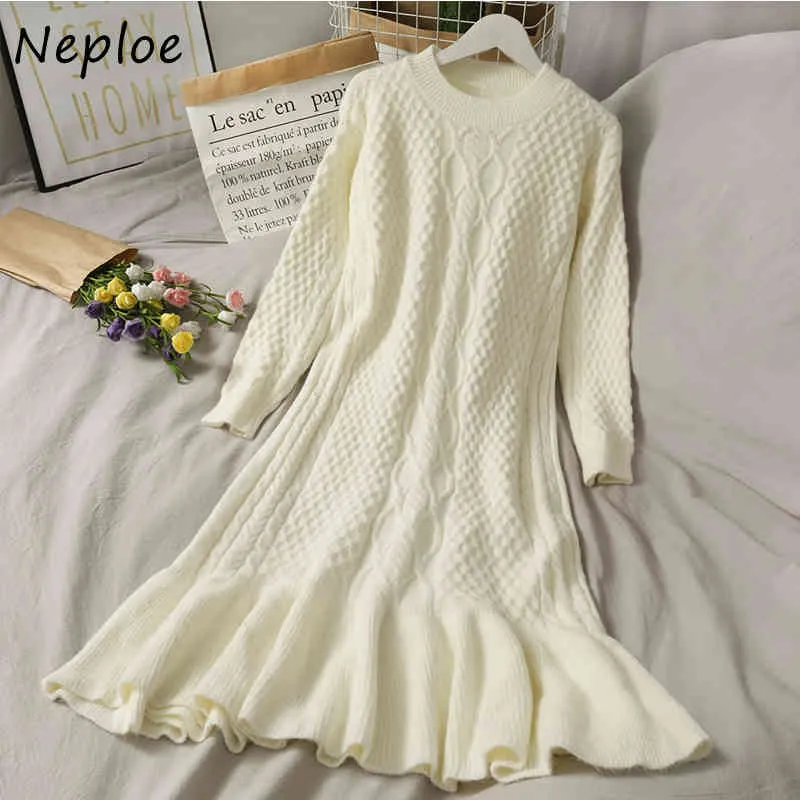 O cuello jersey manga larga suéter vestido mujeres cintura alta cadera sirena temperamento vestidos sólido liggle sueter 210422