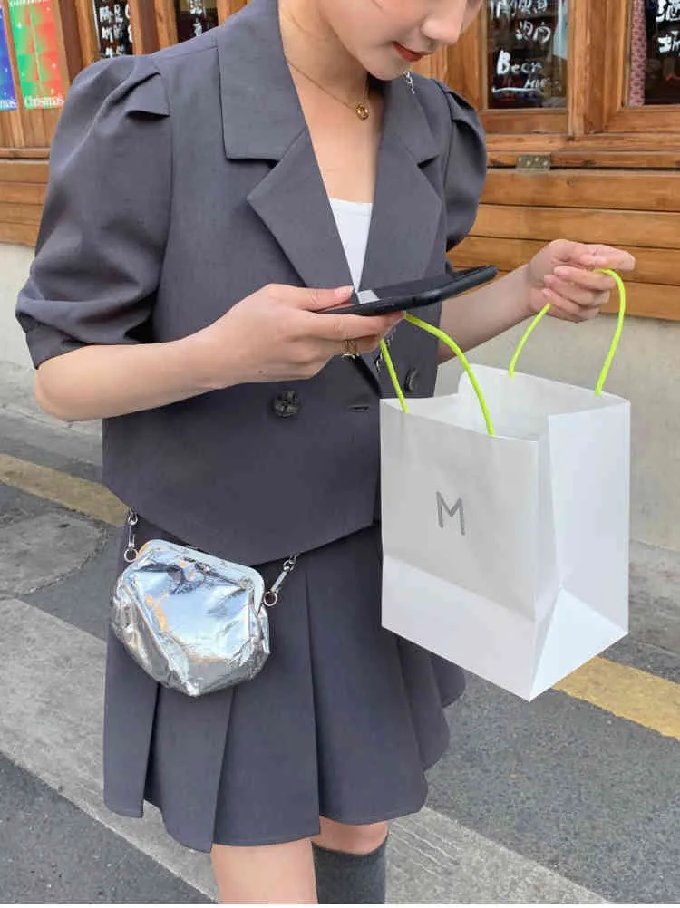 Coreano moda ufficio donna donna estate 2 pezzi set giacca con maniche a sbuffo cappotto + mini gonna a pieghe vestito 210519