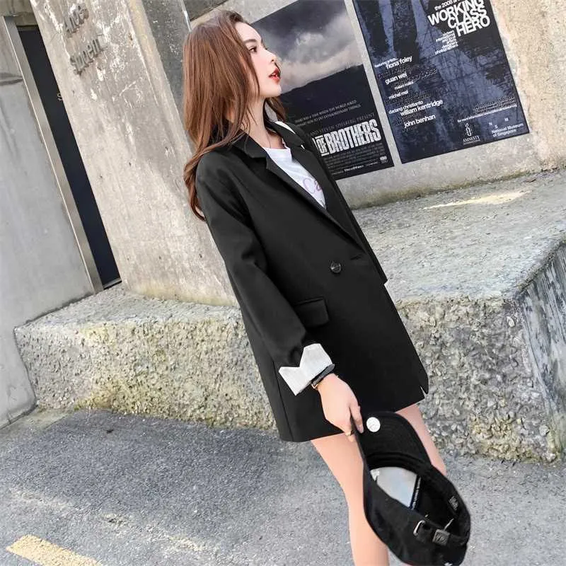 Women's jacket autumn black small suit Korean mid-length loose coat Feminine office blazer 210527
