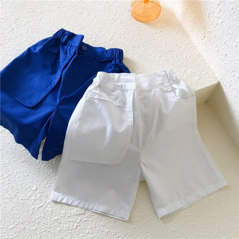 Summer big pocket solid color thin casual knee length pants 2-7 years unisex loose cotton shorts 210508