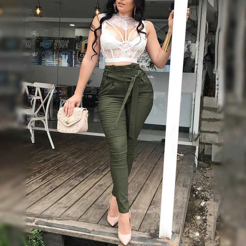 Women Fashion Casual Pants Women Trousers Solid Cargo Pants Leisure High Waisted Belted Pants 210716