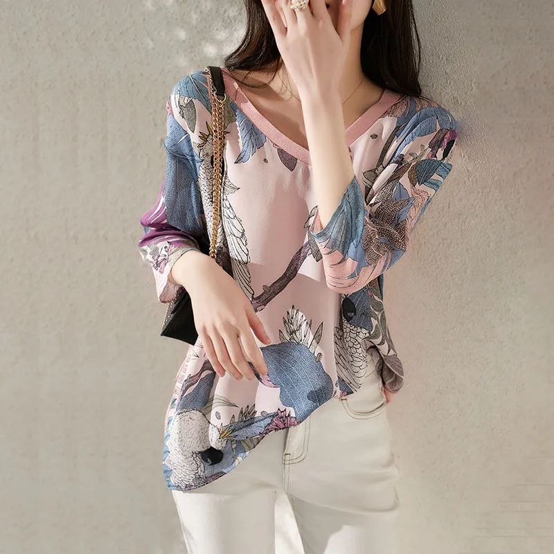 Kobiety w stylu wiosennego letniego Bluzki Koszule Lady Casual Long Rleeve Vneck drukowane szyfonowe blusas tops DD8954 210401