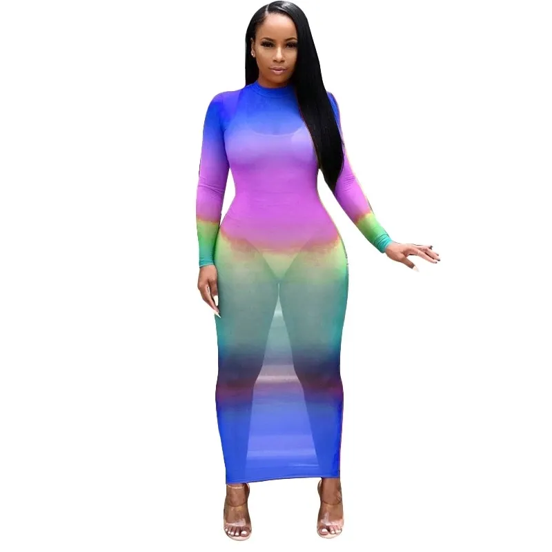 Omsj Kobiety Sexy Mesh Hollow Out Przez kolorowy Długi Rękaw Slim Fit Bodycon Clubwear Ołówek Rainbow Dress 210517