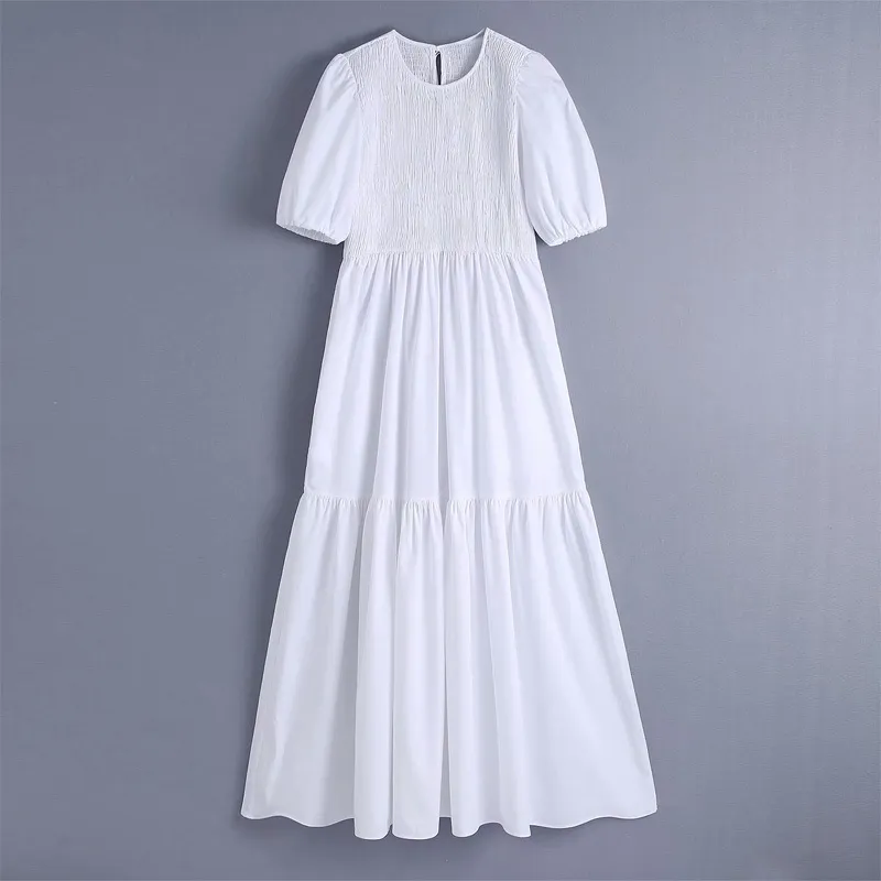 VUWWYV blanc blouse plissée robe mi-longue femmes été mince fête d'anniversaire femme manches courtes bouffantes élastique Vestidos 210430