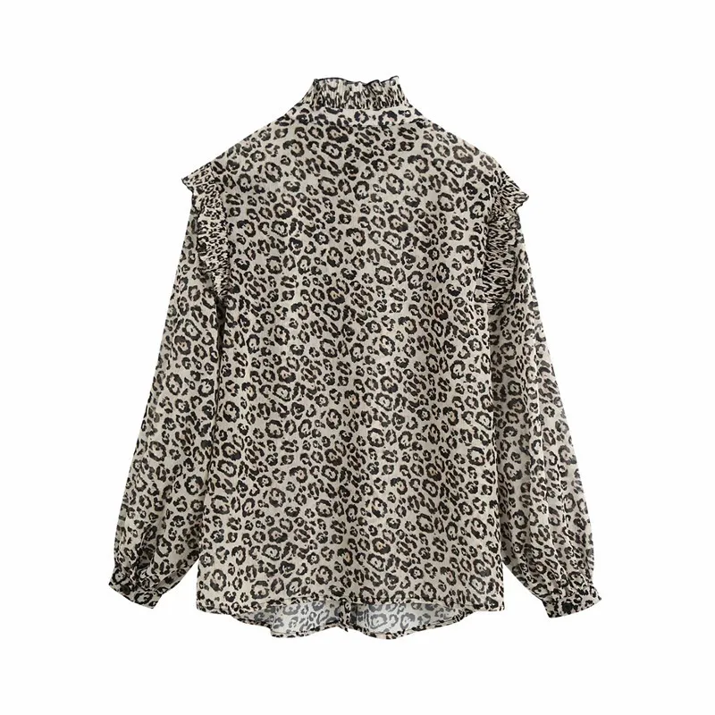 Top femmes Vintage léopard semi-transparent Animal imprimé chemises à manches longues col haut volants garnitures boutonnées Blouses 210519