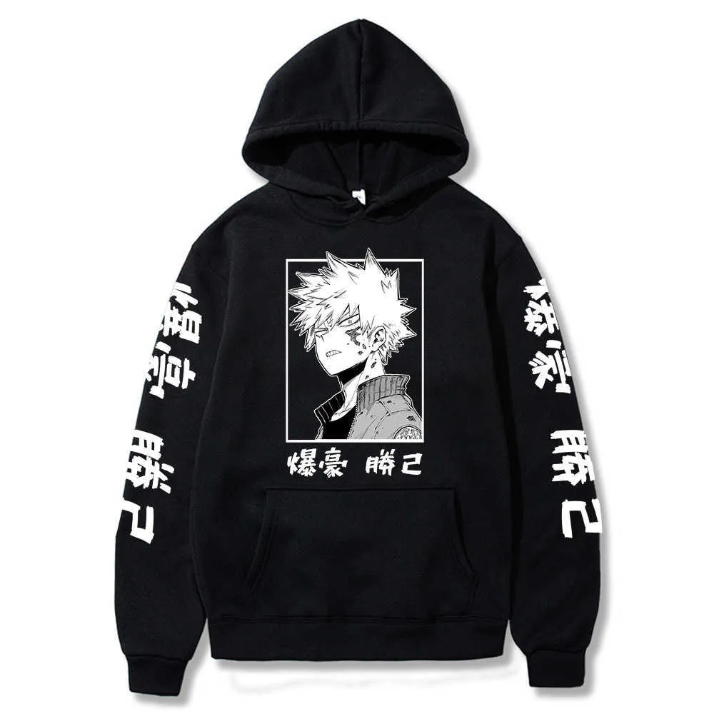 2021 Japan Anime Min Hero Academia Hoodie Kvinnor Män Harajuku Sweatshirt Pullover Hooded Jacka Sportkläder Enkel klassisk Svart H0910