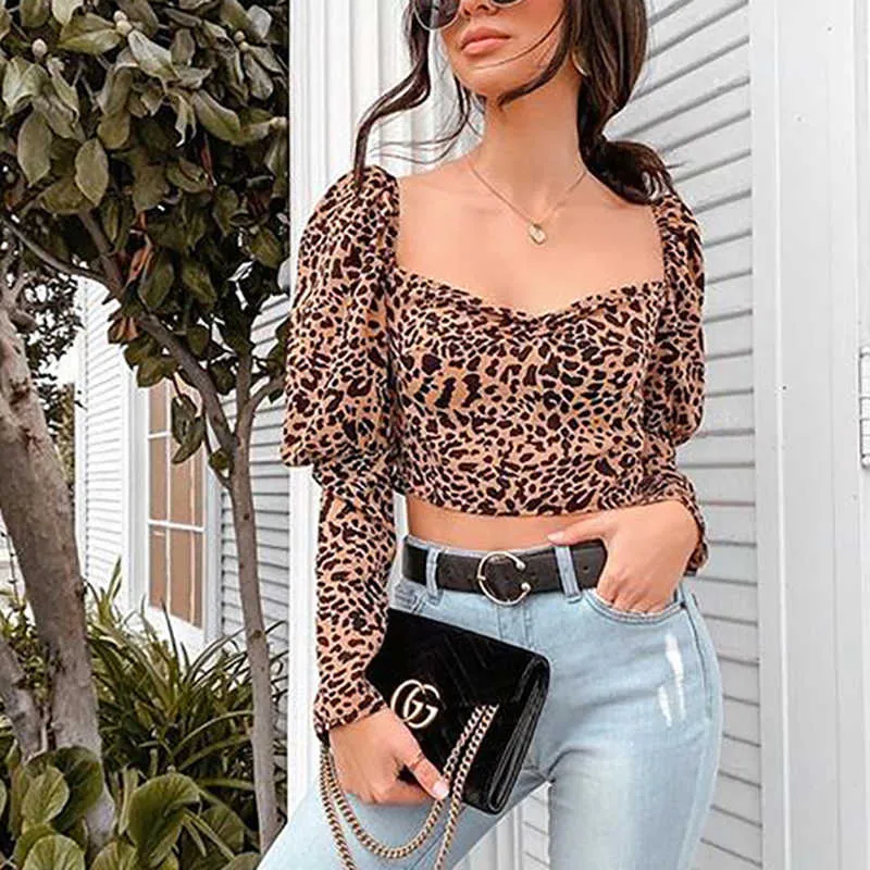 Sexy magro mulheres blusa moda leopardo impresso v-decote manga comprida streetwear blusas mujer de moda w221 210526