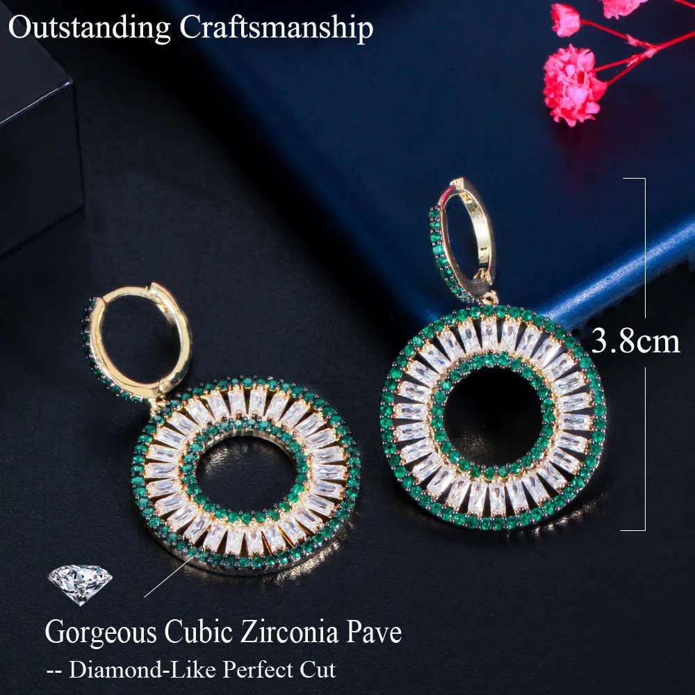 Gorgeous Green Cubic Zirconia Gold Color Dangle Circle Round Huggie Drop Earrings for Women Trendy Jewelry Gift CZ861 210714