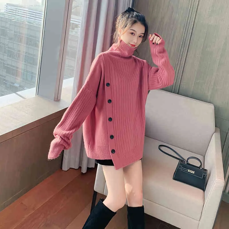 Botão Alto Collar Sweater Feminino Inverno Slim Emagrecimento Pullover de Manga Longa Camisa 210520