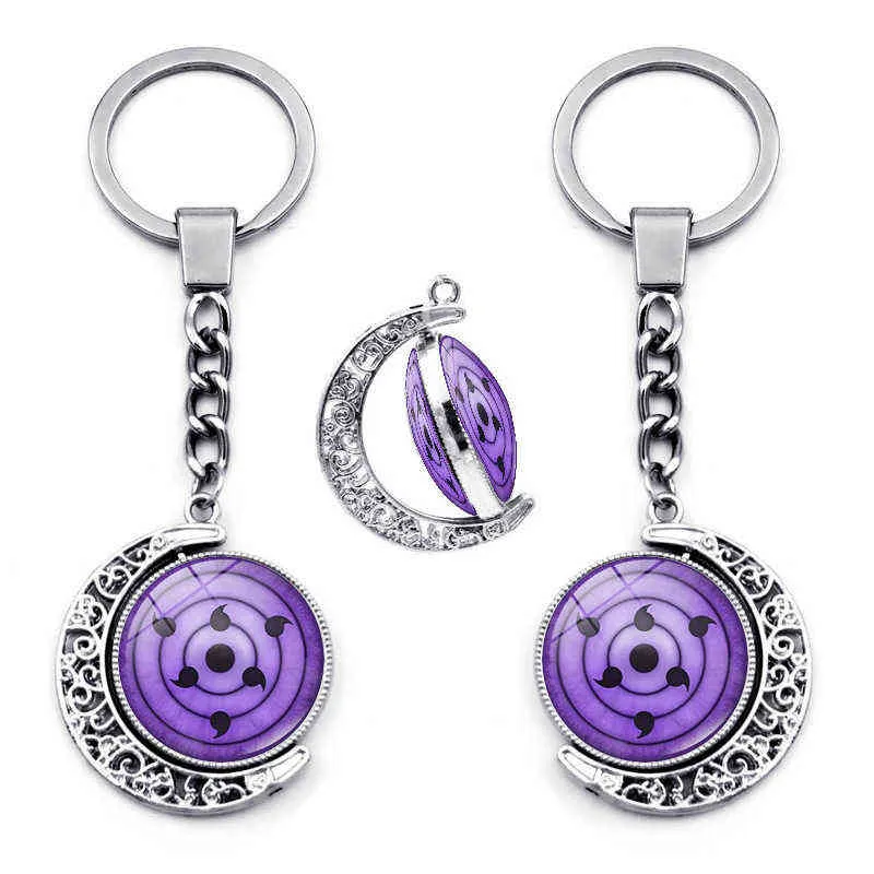 Sharingan Eye Keychain Accessoires 360 graden Roterende maan hanger Uchiha Sasuke Kakashi Anime Keychains Charms Metal Key Ring G17154388