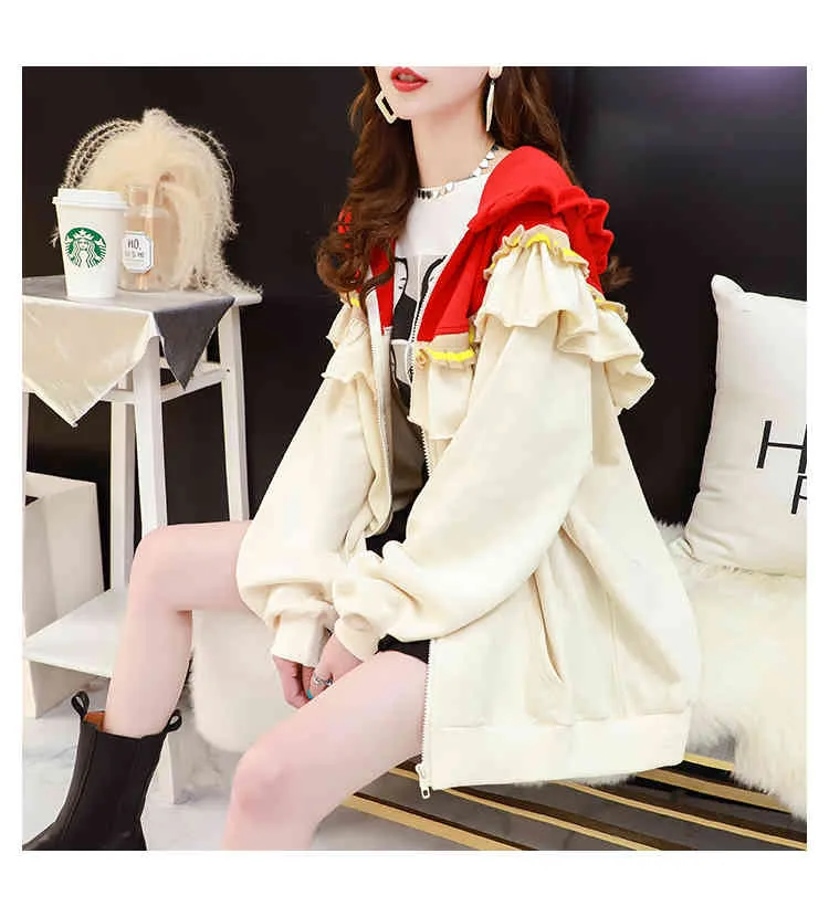 H.SA Winter Koreaanse Mode Ruffles Rits Trui Jas Hooded Cardigans Patchwork Knit Jas Mujer Suiner 210417