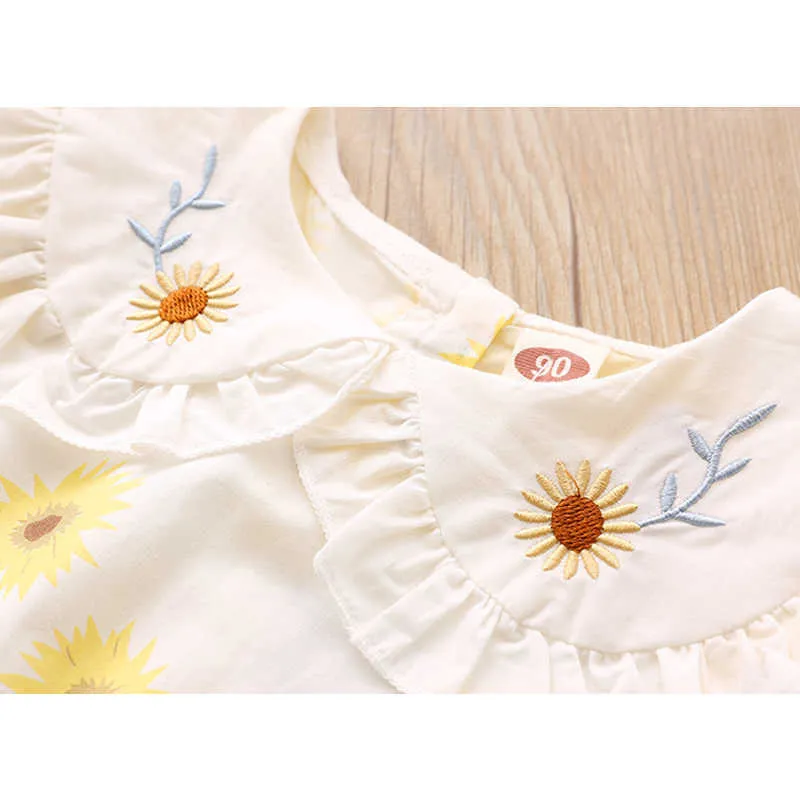 Humor Bear Girls Dress Summer New Puff-Sleeve Girasole Stampato Cute Kids Princess Dress Vestiti bambini 2-6Y Q0716