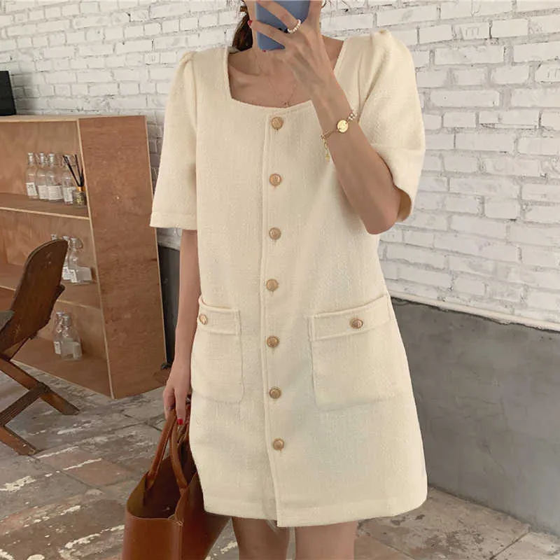 Korejpaa Women Dress Summer Korea Chic Girl Elegant Temperament Square Neck Leaking Collarbone Double Pocket Tweed Vestidos 210526