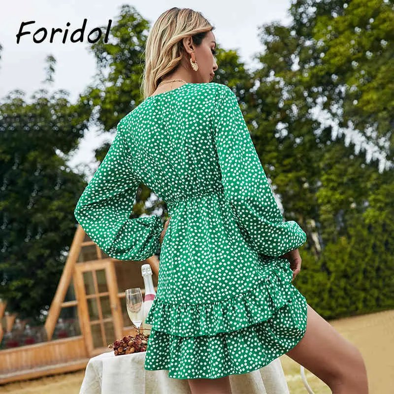 Foridol Abito a pois verde la primavera Autunno Donna Mini abito a maniche lunghe increspato Donna Elegante Boho Beach Vestidos 210415