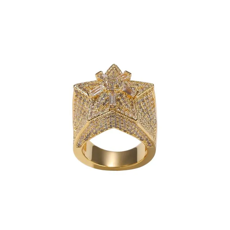 Moda hip hop masculino bling anel na moda amarelo branco banhado a ouro bling cz diamante estrela anéis para homens feminino agradável gift287t