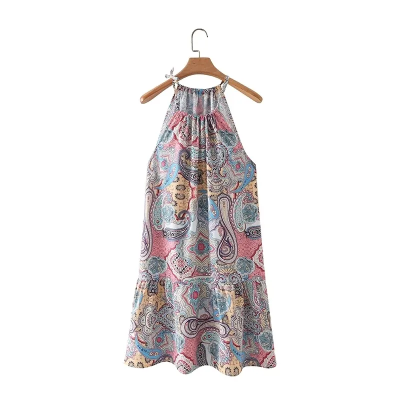 Sommar Kvinnor Vintage Paisley Utskrift Halter Mini Klänning Kvinna Ärmlös Kläder Casual Lady Loose Vestido D7776 210430