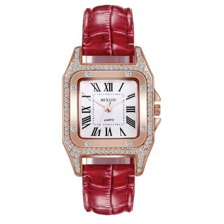 MIXIOU 2021 квадратные умные женские часы с кристаллами и бриллиантами, цветной кожаный ремешок, модные кварцевые женские наручные часы, прямые s225M
