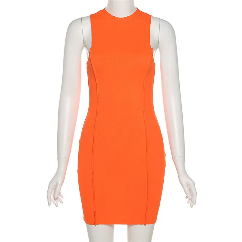 CNYISHE Ärmellose Casual Mode Mini Kleider Dünne Sommer Oansatz Frauen Bodycon Neon Orange Kleid Streetwear Vestidos Roben 210419