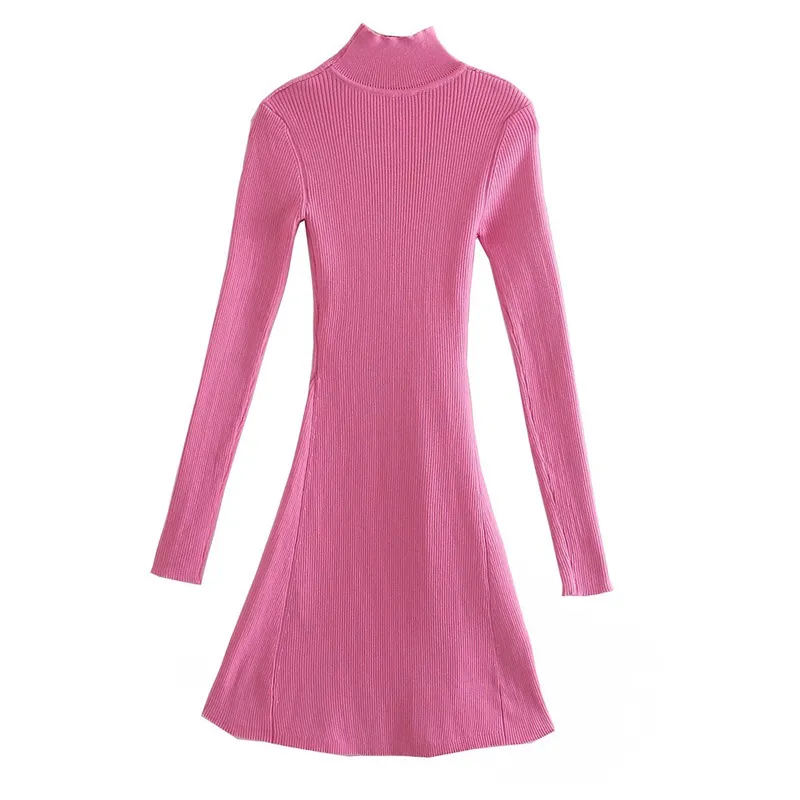 女性の春の編み物固体のミニドレス長袖半分オープンカラースプリットフォーク女性の弾力性のエレガントなドレスvestidos 210513