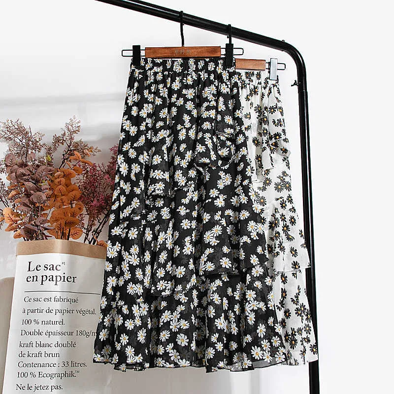 Летний сладкий цветочный печатный ярусный шифон длинная юбка каскадные скидные рюкзавые a-линии юбки 210621
