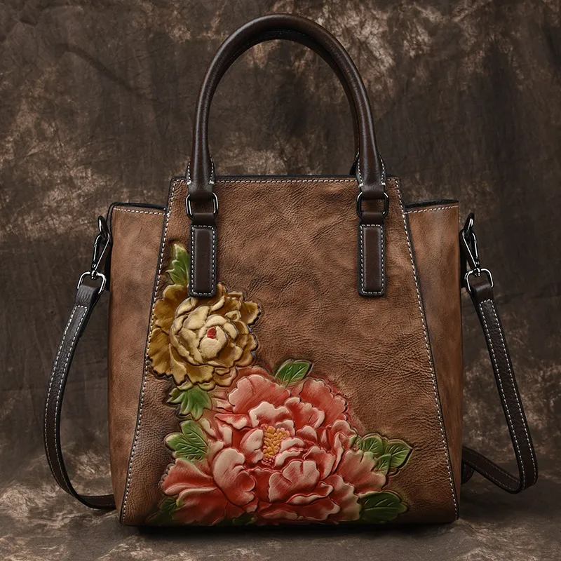 Handgemachte Handtaschen Frauen Echtes Leder Weibliche Blume Designer Echtes Rindsleder Schulter Umhängetaschen Tote